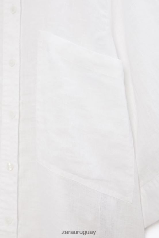 Zara camisa de lino con bolsillos mujer H6RHL2377 ostra blanca ropa
