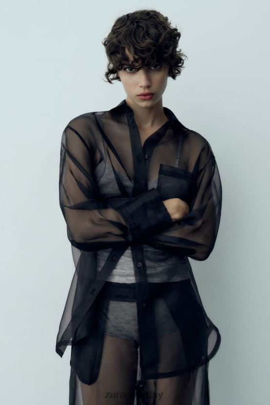 Zara camisa de organza extragrande mujer H6RHL2329 negro ropa