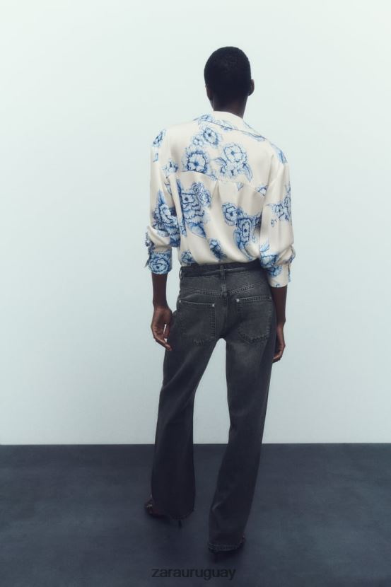 Zara camisa de satén con estampado floral mujer H6RHL2336 azul blanco ropa