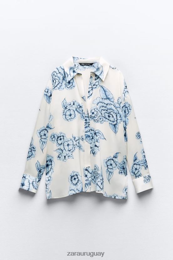 Zara camisa de satén con estampado floral mujer H6RHL2336 azul blanco ropa