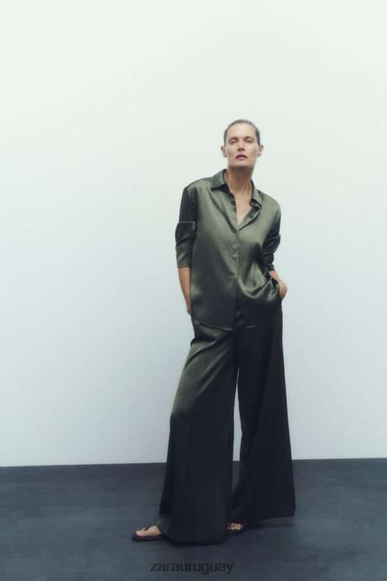 Zara camisa efecto satinado mujer H6RHL2334 verde oscuro ropa
