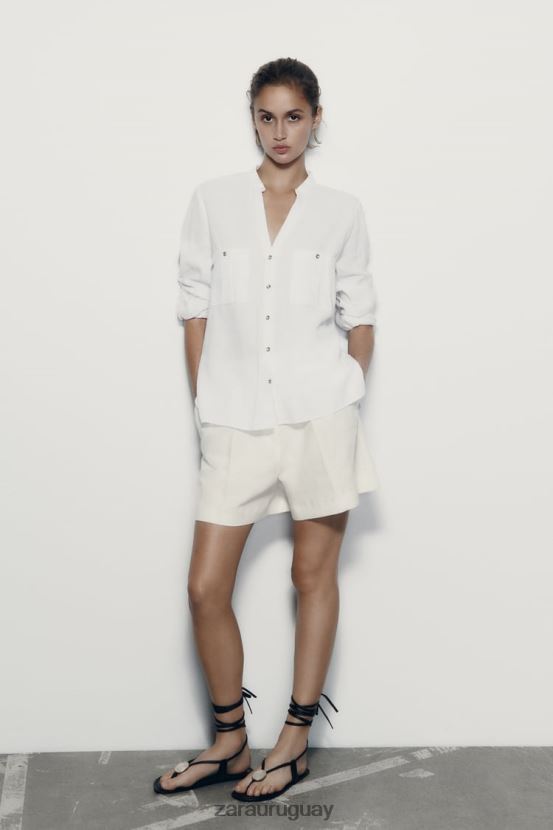 Zara camisa en mezcla de lino con lengüeta en las mangas mujer H6RHL2374 blanco ropa