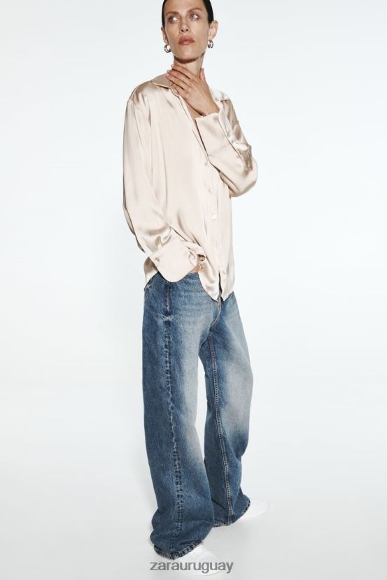 Zara camisa fluida con efecto satinado mujer H6RHL2312 oro suave ropa