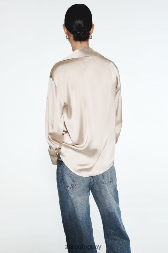 Zara camisa fluida con efecto satinado mujer H6RHL2312 oro suave ropa