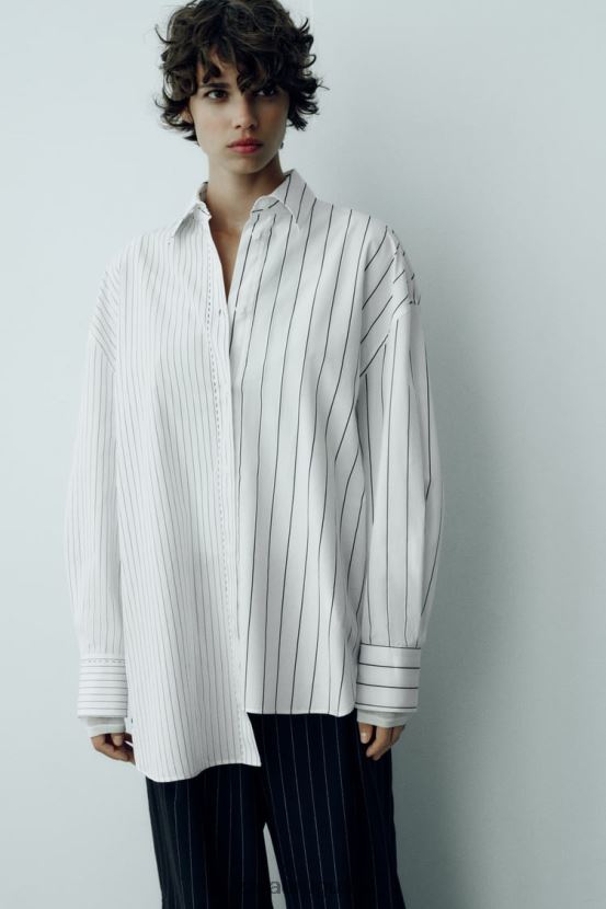 Zara camisa oversize con rayas a juego mujer H6RHL2318 blanco negro ropa