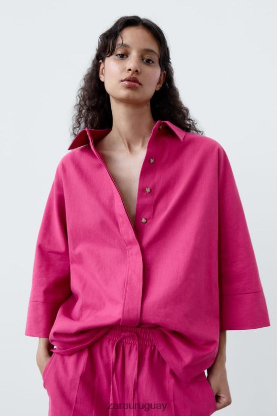 Zara camisa oversize en mezcla de lino mujer H6RHL2371 magenta ropa