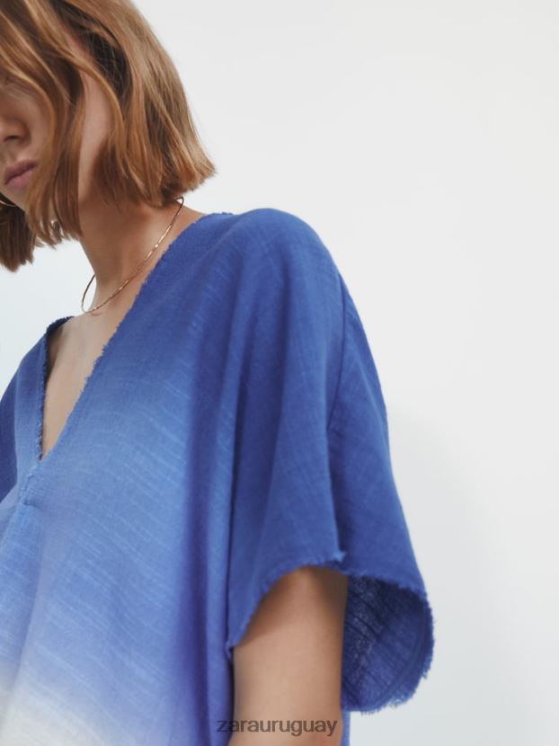 Zara camisa rústica de manga corta sombreada mujer H6RHL2856 cielo azul ropa