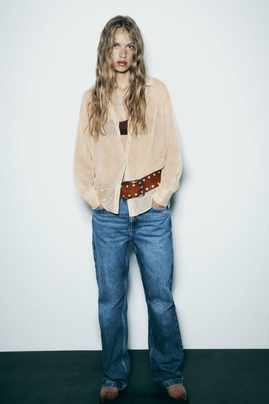 Zara camisa semitransparente bordada mujer H6RHL2294 beige ropa
