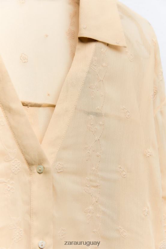 Zara camisa semitransparente bordada mujer H6RHL2294 beige ropa