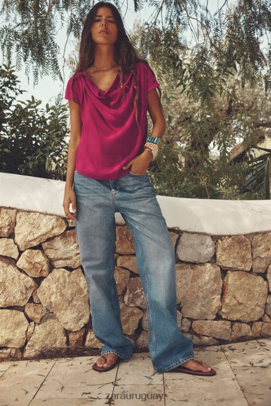 Zara top drapeado mujer H6RHL2403 frambuesa ropa