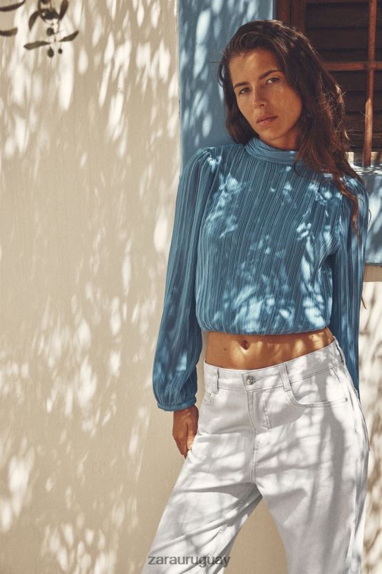 Zara top plisado con espalda abierta mujer H6RHL2420 azul medio ropa