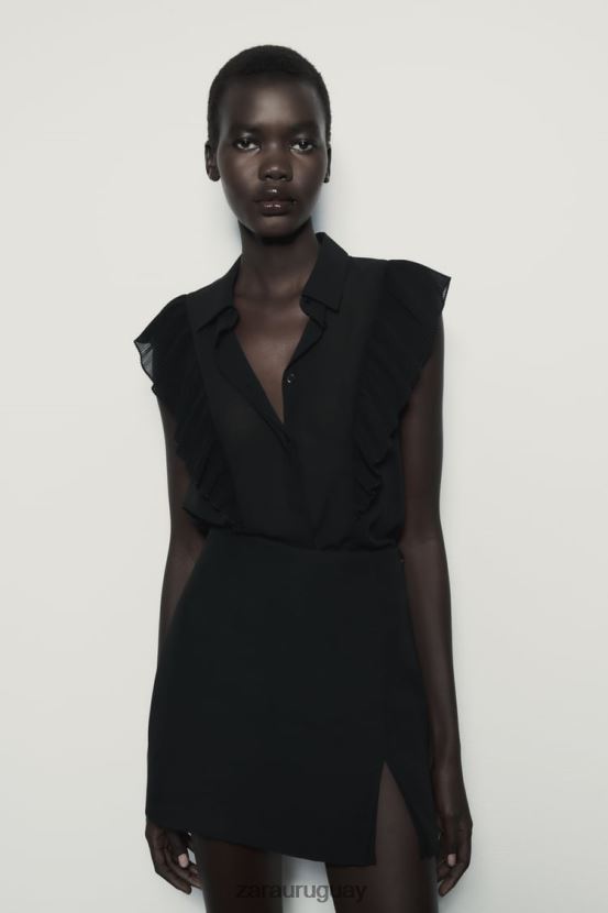 Zara top semitransparente con volantes mujer H6RHL2413 negro ropa