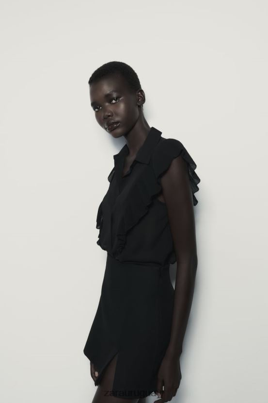 Zara top semitransparente con volantes mujer H6RHL2413 negro ropa