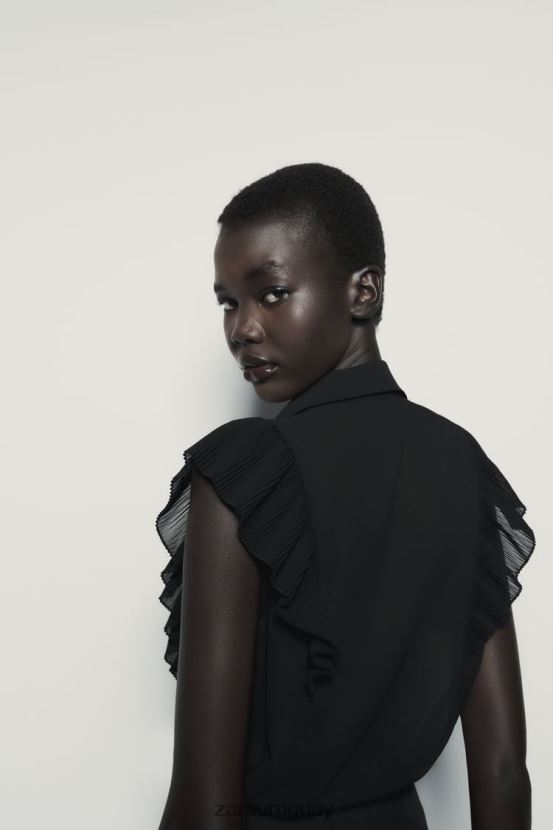 Zara top semitransparente con volantes mujer H6RHL2413 negro ropa