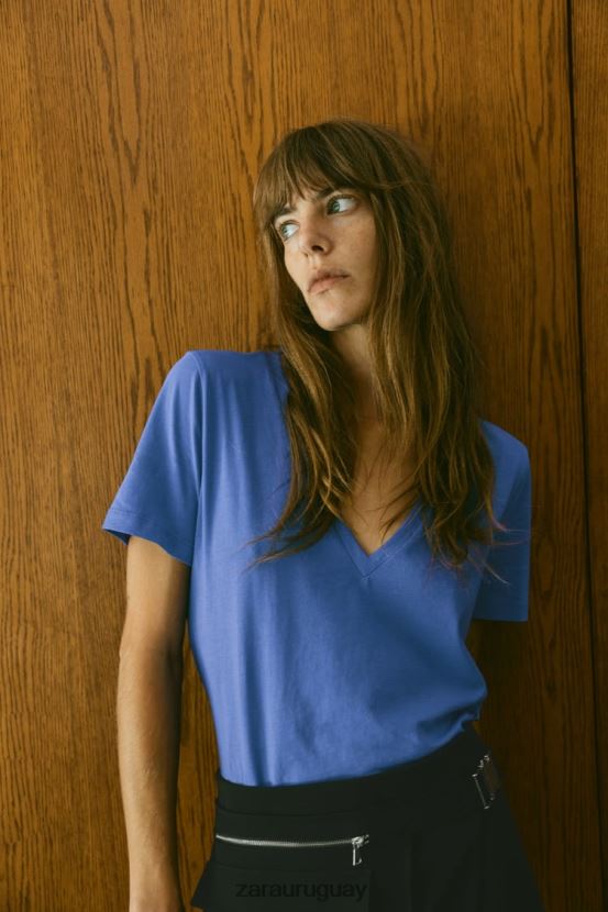 Zara camiseta básica de algodón con cuello en v mujer H6RHL2466 azulado ropa