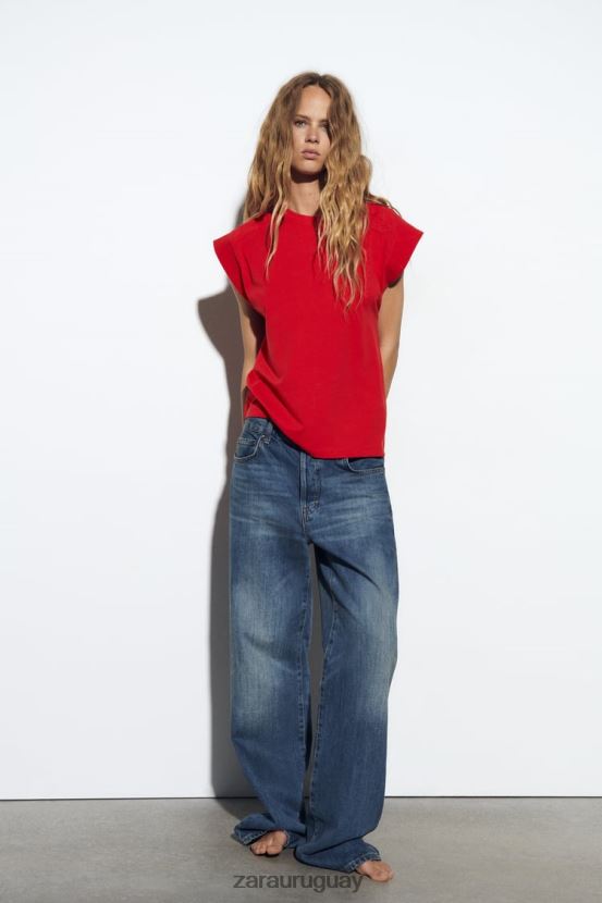 Zara camiseta de canalé de algodón mujer H6RHL2469 rojo ropa