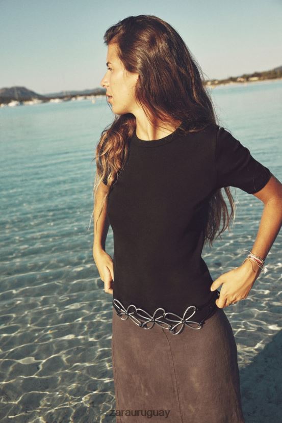 Zara camiseta de canalé ligero mujer H6RHL2472 negro ropa