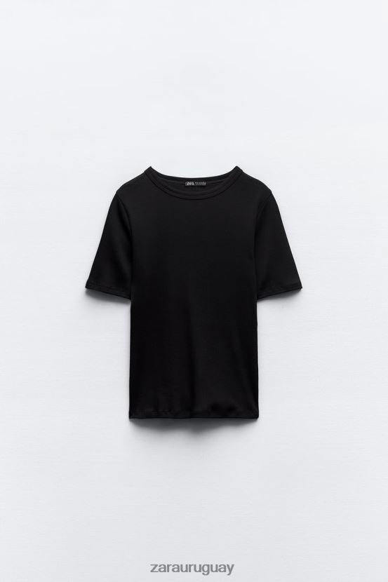 Zara camiseta de canalé ligero mujer H6RHL2472 negro ropa
