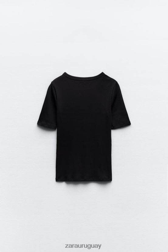 Zara camiseta de canalé ligero mujer H6RHL2472 negro ropa