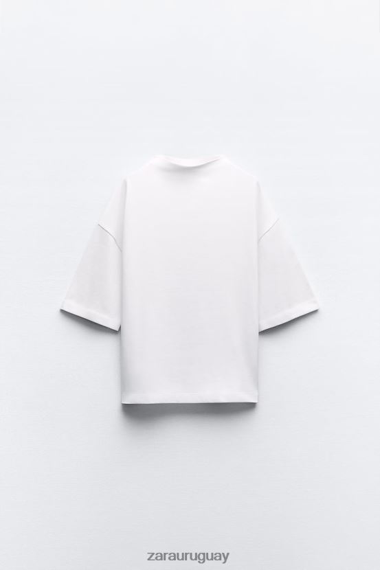 Zara camiseta de tres cuartos con cuello alto mujer H6RHL2459 blanco ropa