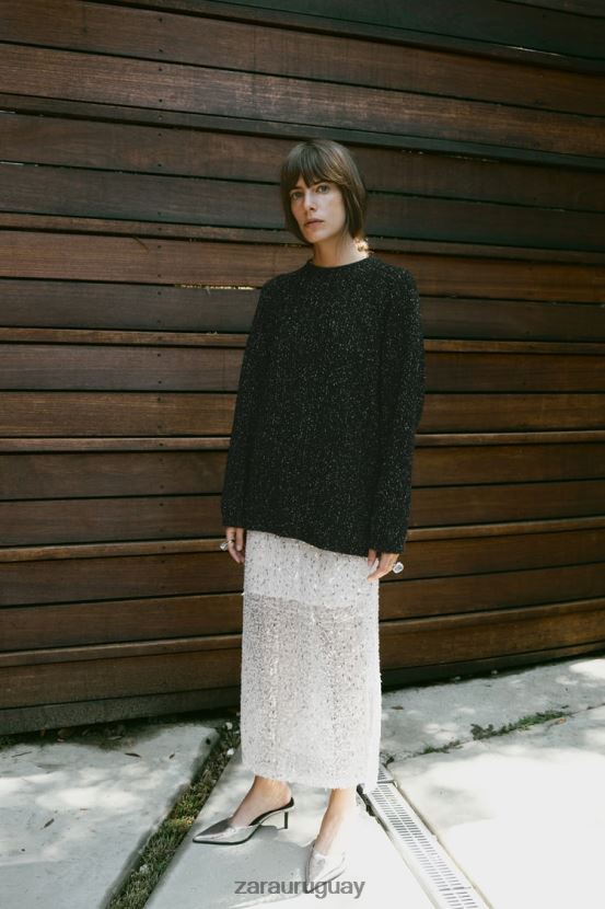 Zara sudadera oversize con hilo metalizado mujer H6RHL2465 negro ropa