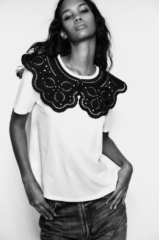 Zara top con cuello bordado mujer H6RHL2463 blanco ropa