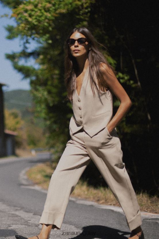 Zara chaleco con mezcla de rayas diplomáticas mujer H6RHL2191 marrón topo ropa