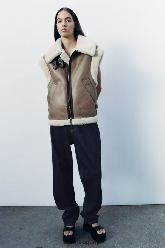 Zara chaleco de doble cara de la colección zw mujer H6RHL2190 marrón/topo ropa
