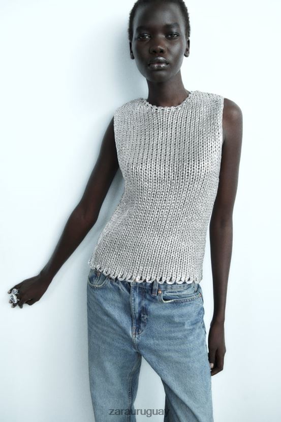 Zara chaleco de punto metalizado mujer H6RHL2213 plata ropa