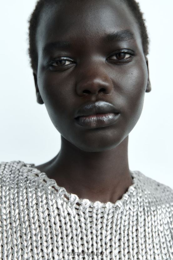 Zara chaleco de punto metalizado mujer H6RHL2213 plata ropa