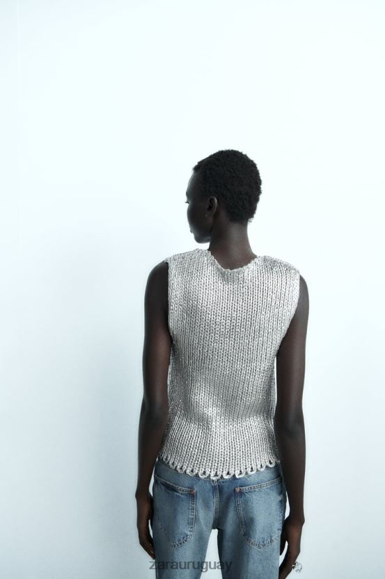 Zara chaleco de punto metalizado mujer H6RHL2213 plata ropa