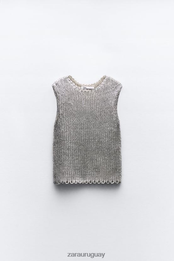 Zara chaleco de punto metalizado mujer H6RHL2213 plata ropa