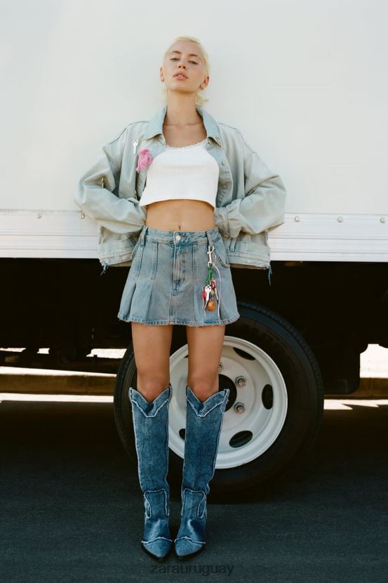 Zara Chaqueta vaquera trf con cintura estilo pantalón. mujer H6RHL2114 azul claro ropa