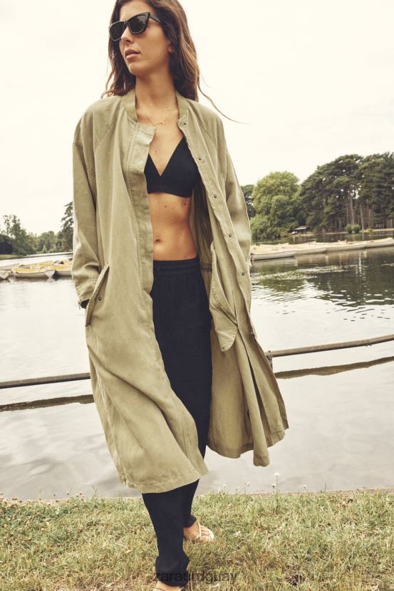 Zara abrigo largo de lino mujer H6RHL277 caqui ropa