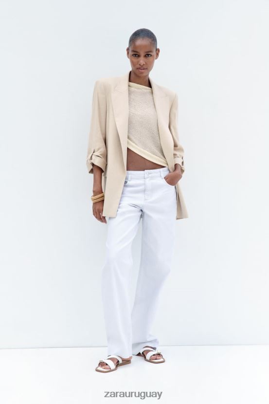 Zara blazer con frente abierto y mangas remangadas en mezcla de lino mujer H6RHL2168 beige ropa