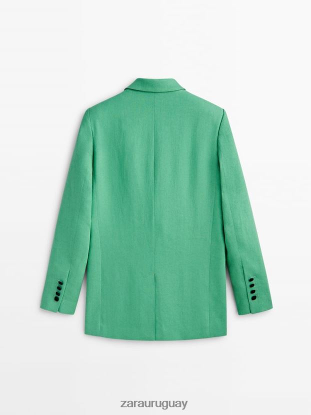 Zara blazer de traje en mezcla de lino mujer H6RHL2855 verde ropa