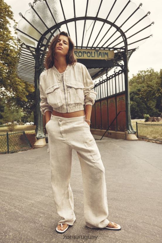 Zara bomber con bolsillo de lino mujer H6RHL266 arena ropa