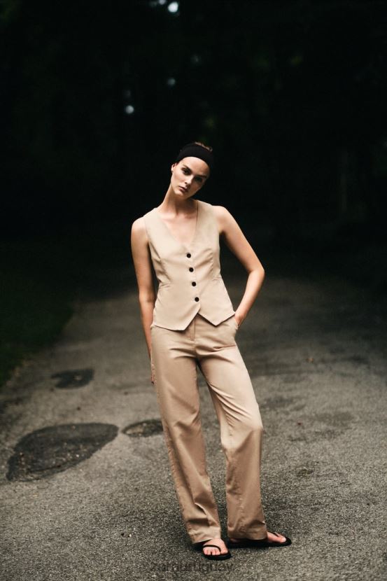 Zara chaleco de mezcla de lino mujer H6RHL2150 arena ropa