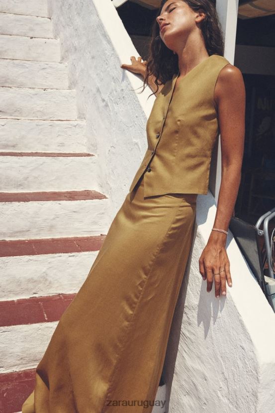 Zara chaleco de mezcla de lino mujer H6RHL2167 verde oliva ropa