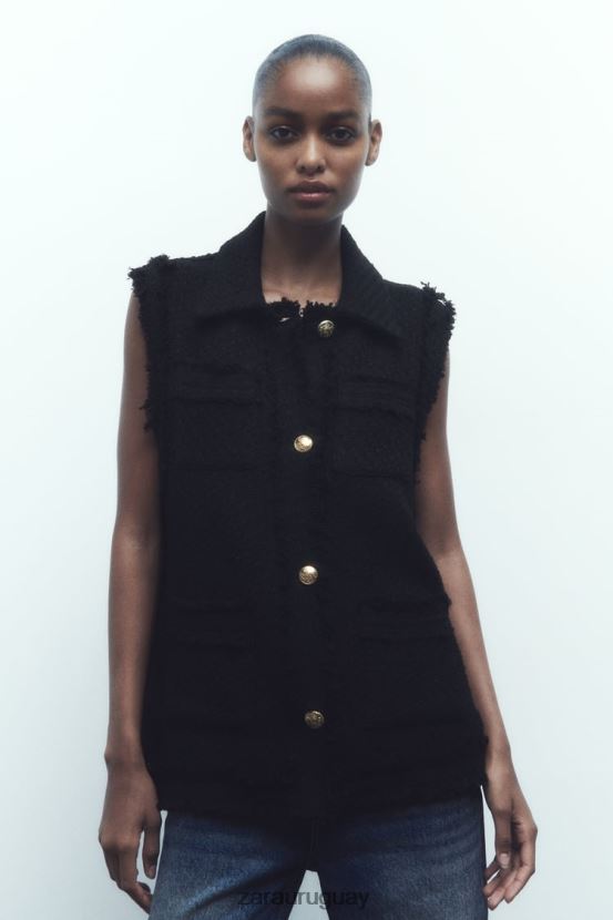 Zara chaleco texturizado con ribete deshilachado mujer H6RHL2147 negro ropa