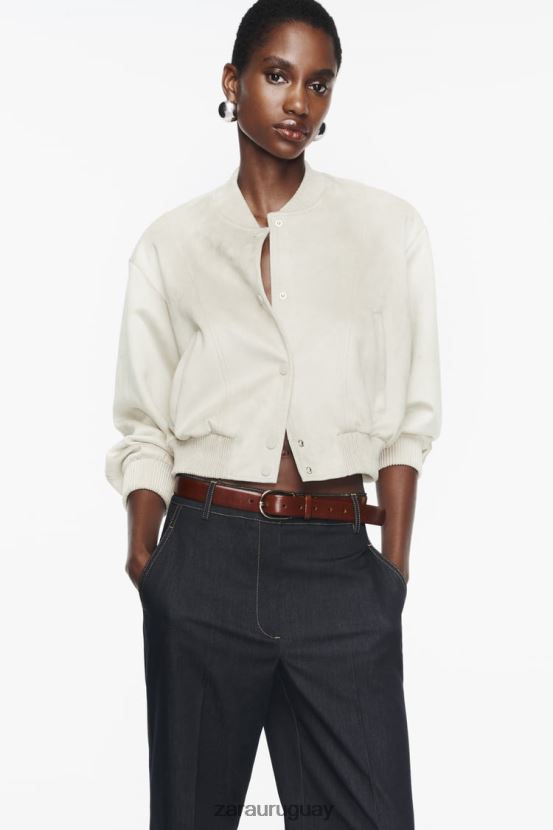 Zara chaqueta bomber de gamuza sintética mujer H6RHL236 crudo ropa