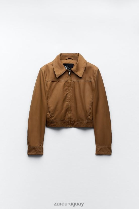 Zara chaqueta corta de algodón encerado mujer H6RHL288 marrón ropa