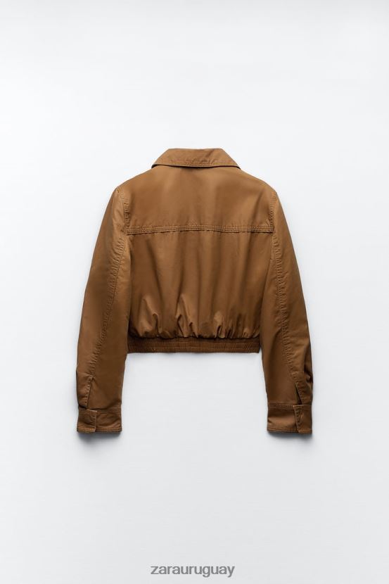 Zara chaqueta corta de algodón encerado mujer H6RHL288 marrón ropa