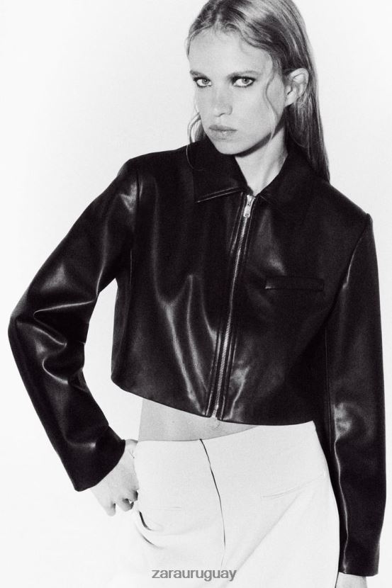 Zara chaqueta corta de cuero sintético mujer H6RHL247 negro ropa