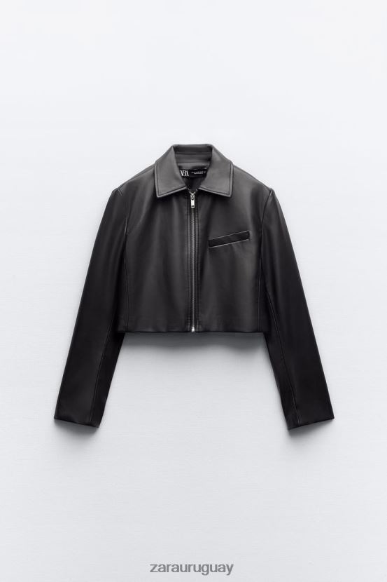 Zara chaqueta corta de cuero sintético mujer H6RHL247 negro ropa