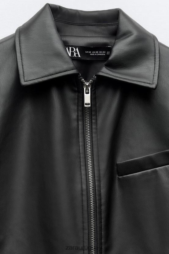 Zara chaqueta corta de cuero sintético mujer H6RHL247 negro ropa