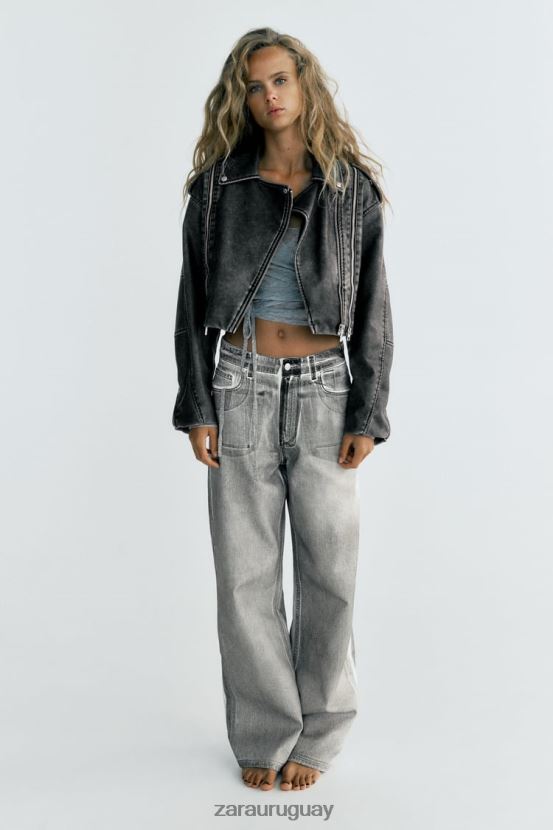 Zara chaqueta motera de piel sintética desgastada mujer H6RHL218 gris ropa