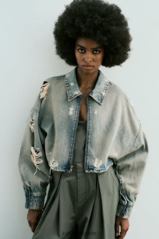 Zara chaqueta vaquera corta con roturas trf mujer H6RHL251 azul ropa