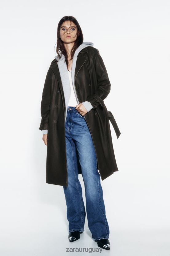 Zara gabardina de cuero sintético desgastado mujer H6RHL242 negro ropa