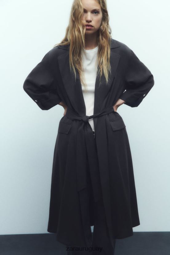 Zara gabardina larga fluida mujer H6RHL274 gris ropa